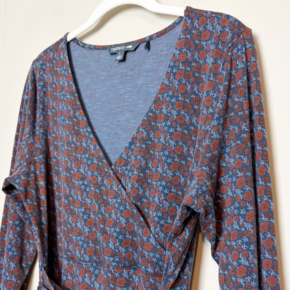 Toad&Co Long Sleeve Cue Wrap Dress Large Floral Blue Rust Comfy Side Pockets - Picture 3 of 8
